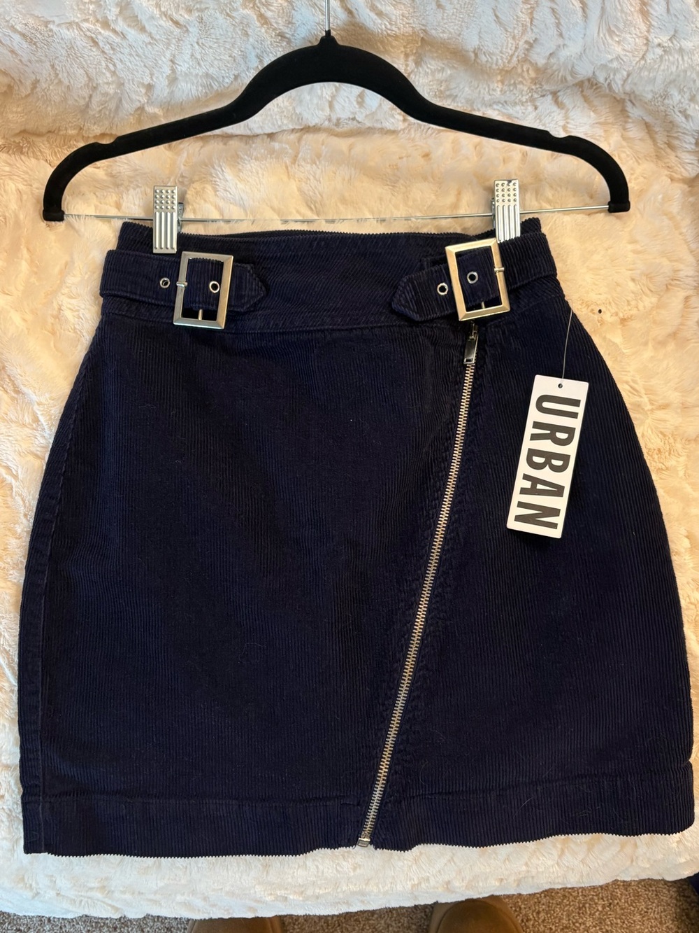 Urban Outfitters Navy Corduroy Asymmetrical Zip Mini Skirt with Buckle Waist